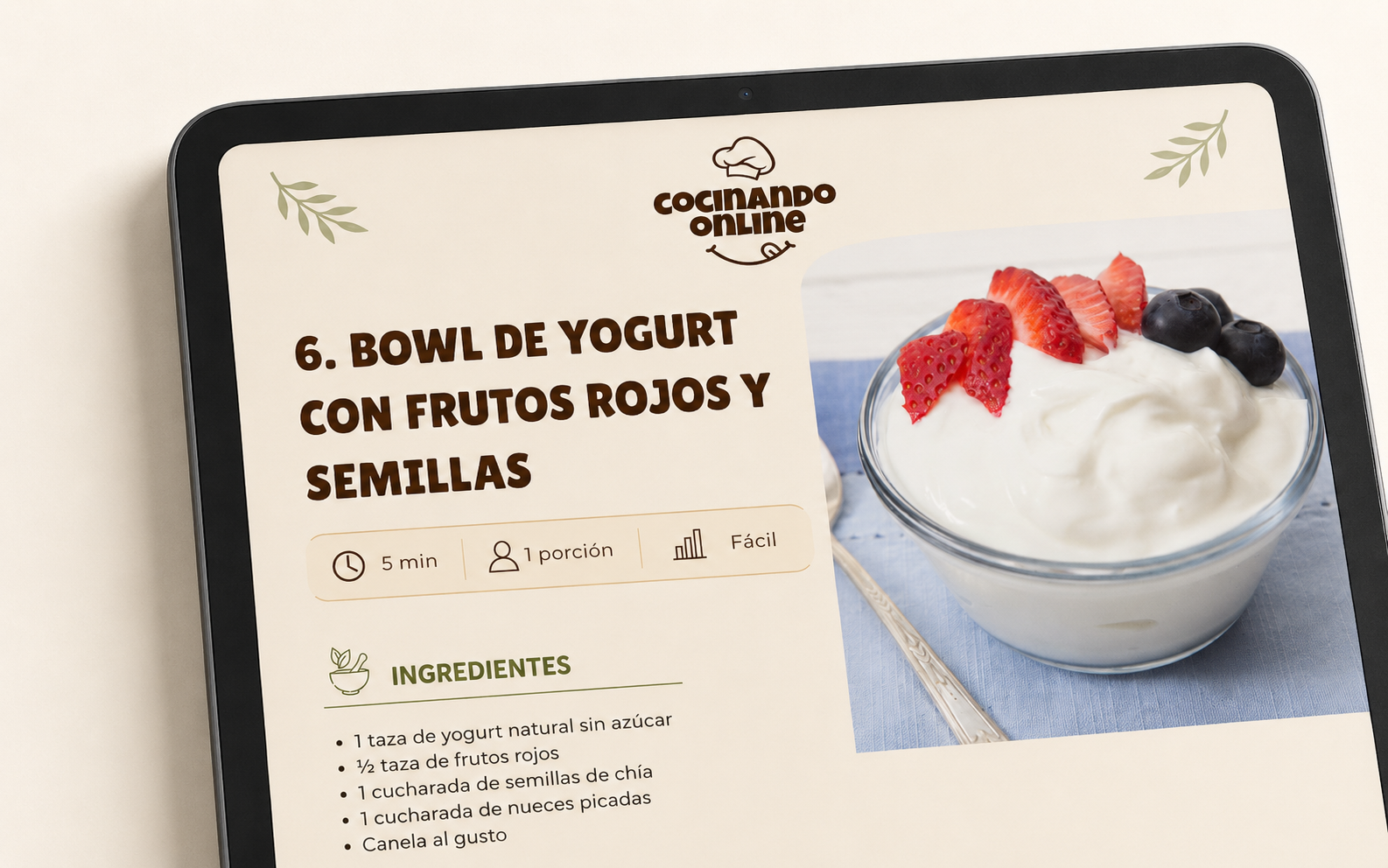 Vista de una receta con ingredientes